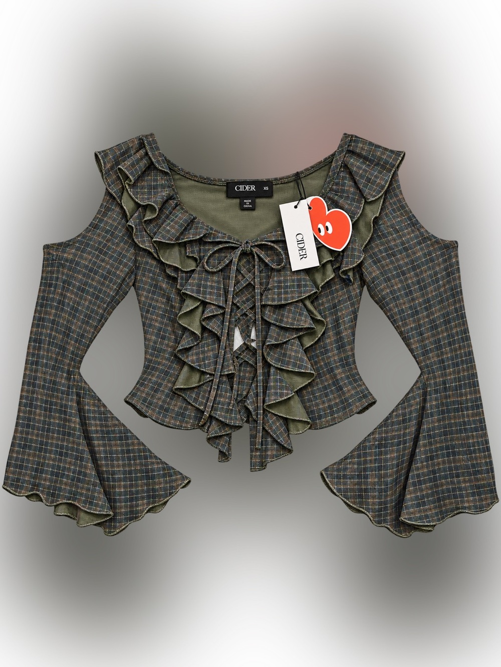 NWT CIDER Dark Green Plaid Ruffle Lace Up Mesh Top XS